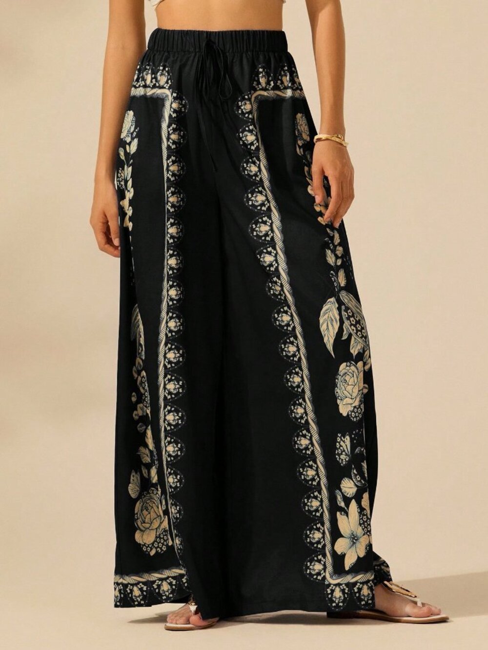 Black Boho Women's Tropical Plant Print Palazzo Pants - Picture 3 of 7